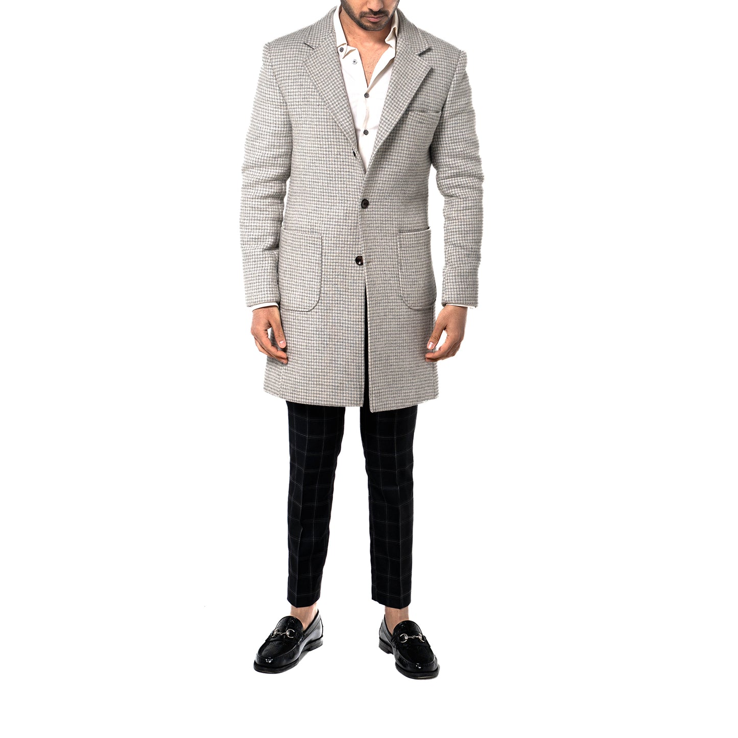 The Soho Grand Long Coat – Light Grey Houndstooth