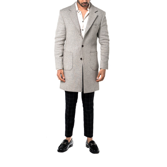 The Soho Grand Long Coat – Light Grey Houndstooth