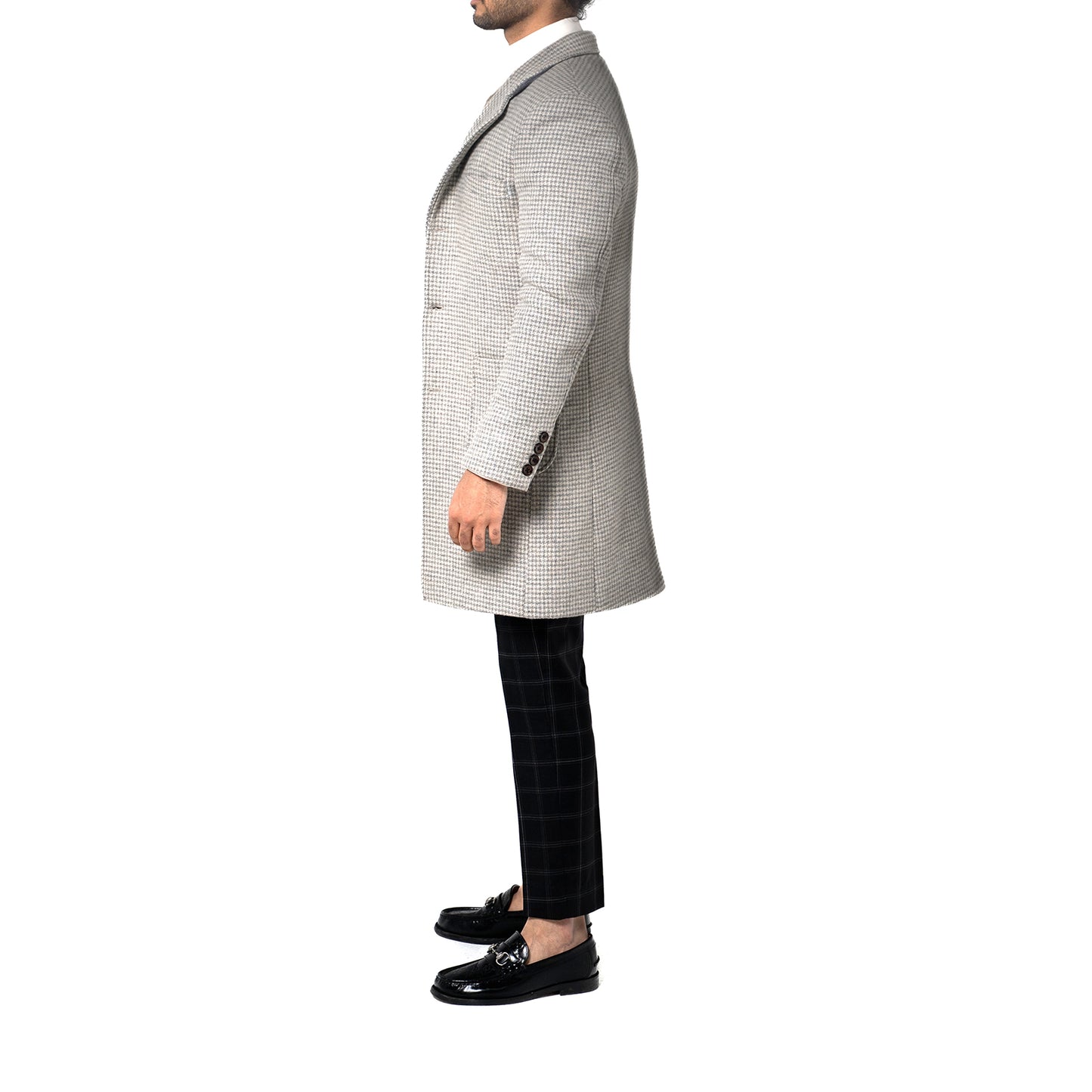 The Soho Grand Long Coat – Light Grey Houndstooth