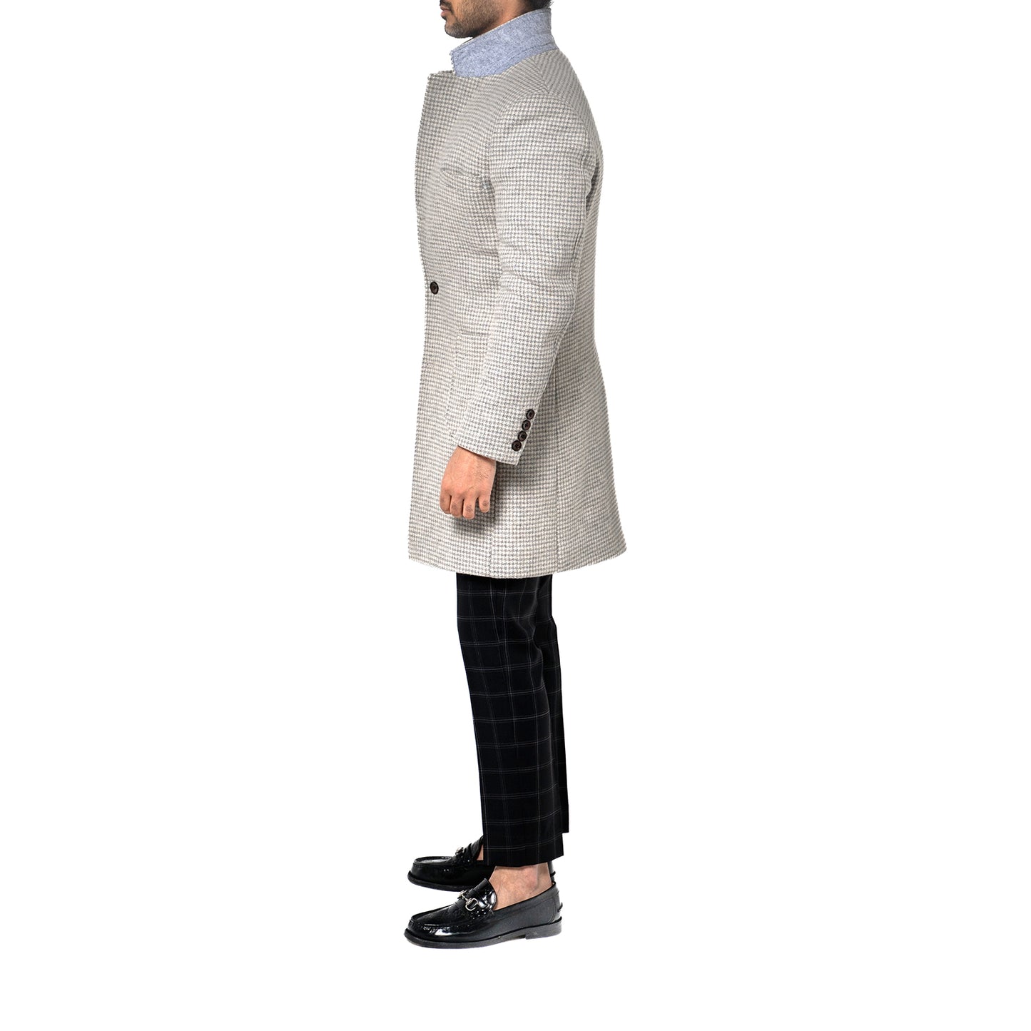 The Soho Grand Long Coat – Light Grey Houndstooth