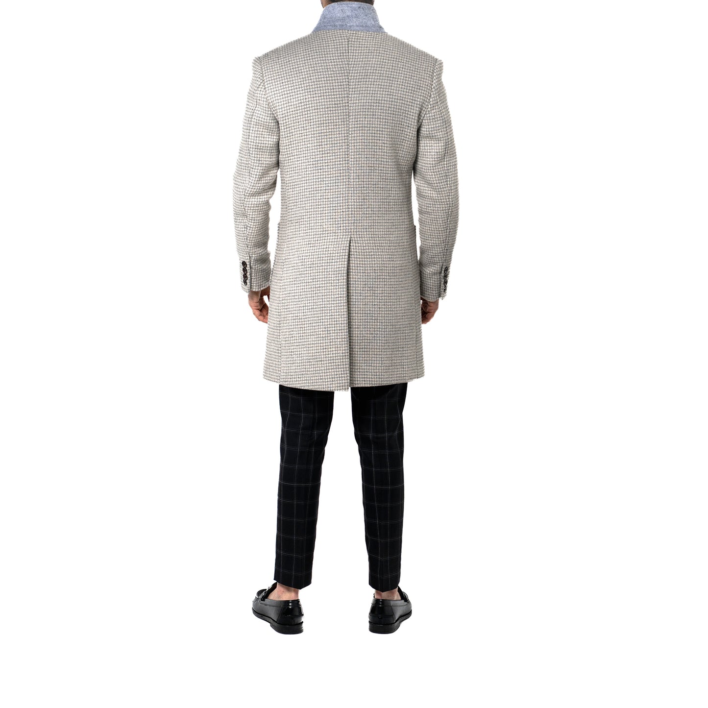 The Soho Grand Long Coat – Light Grey Houndstooth
