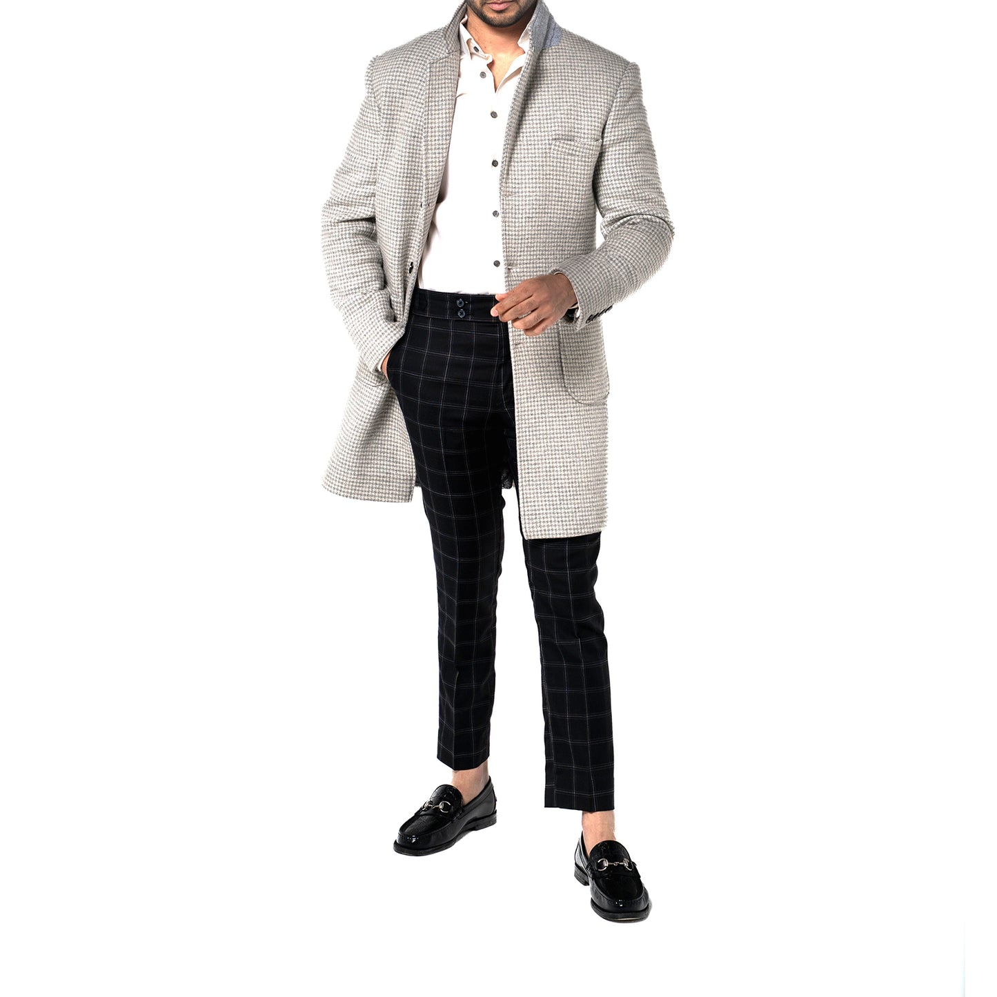 The Soho Grand Long Coat – Light Grey Houndstooth