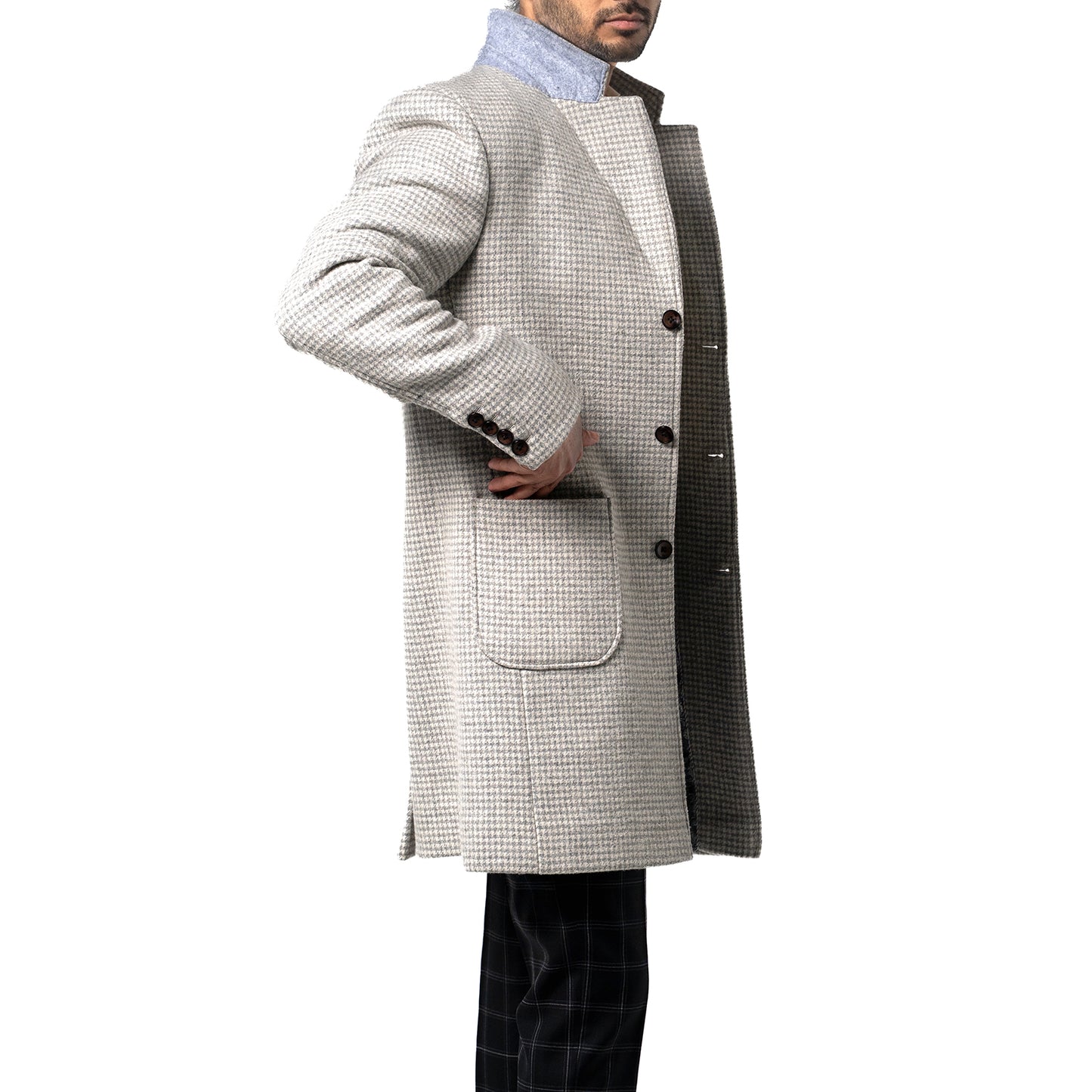 The Soho Grand Long Coat – Light Grey Houndstooth