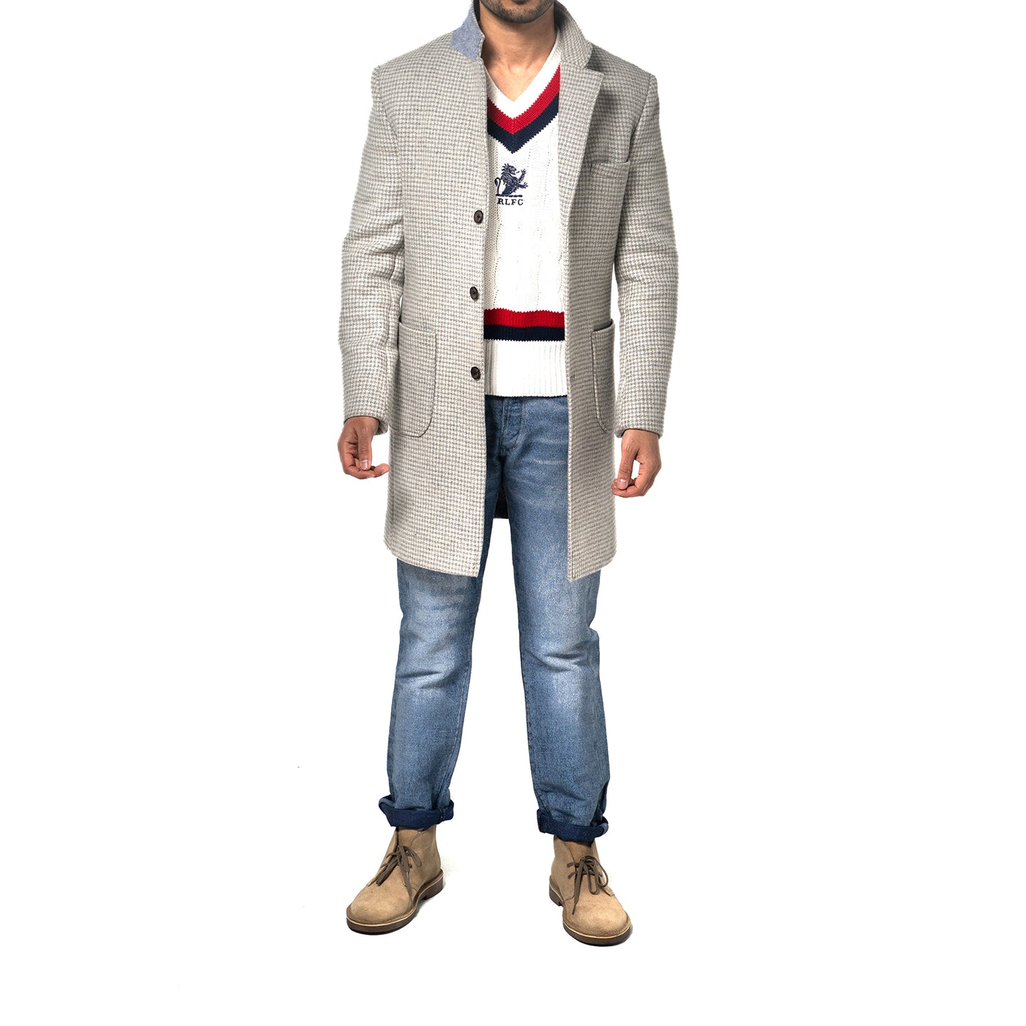 The Soho Grand Long Coat – Light Grey Houndstooth