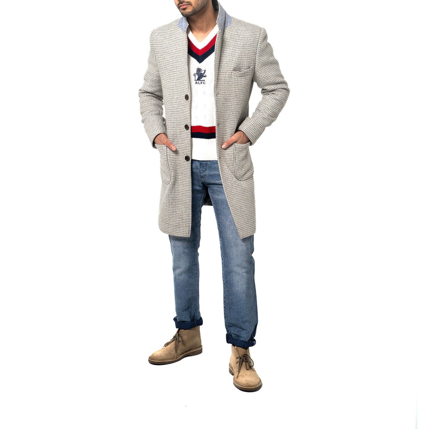 The Soho Grand Long Coat – Light Grey Houndstooth