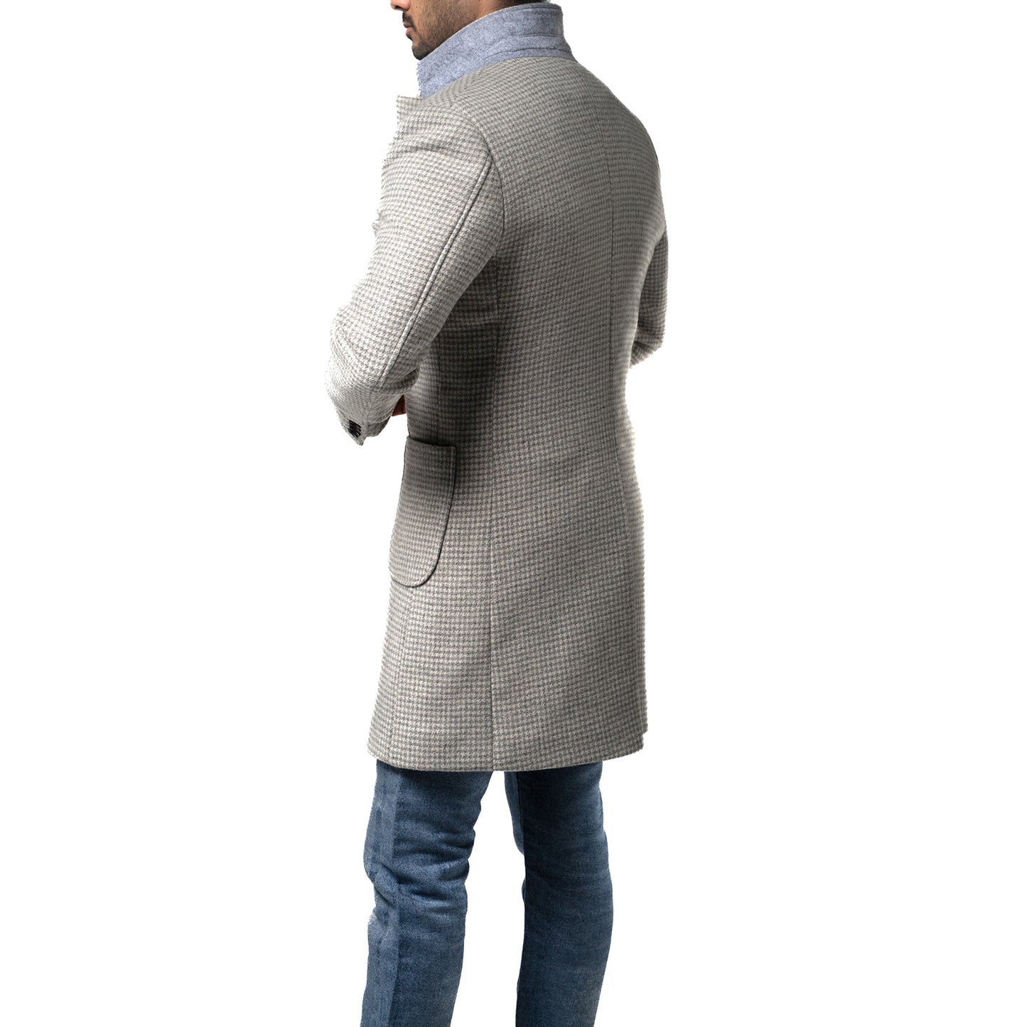 The Soho Grand Long Coat – Light Grey Houndstooth